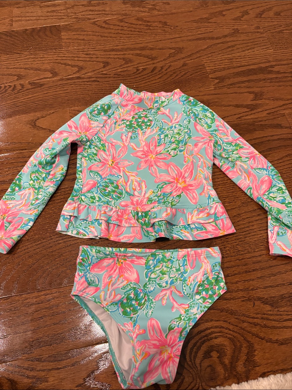 Lilly Pulitzer Kids Floral Long-Sleeve Rash Guard Swim Set - Pink & Aqua